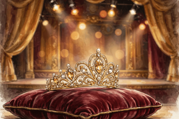 Golden tiara on a velvet cushion before a glowing beauty pageant stage, symbolising Eileen Catterson's Miss Scotland 1987 crown