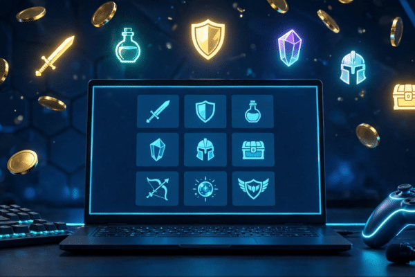 Gaming desk with controller, gold coins and game item icons floating above a laptop showing a gaming marketplace grid, representing Eldorado GG