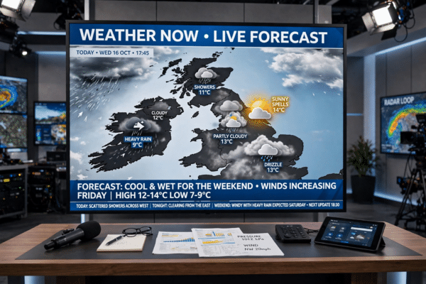 A television weather studio with a UK weather map on screen, representing the broadcast world of BBC weather presenter Elizabeth Rizzini