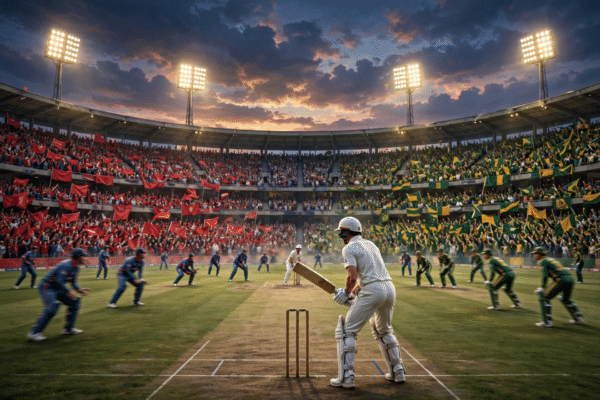 Illustration of a packed floodlit cricket stadium during an England versus Australia Ashes Test match, with red banners on one side and green-and-gold banners on the other