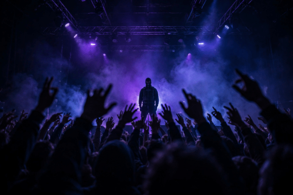 Silhouette of a masked performer in a black balaclava on a purple-lit concert stage in front of a raised-hands crowd, an illustrative image for the EsDeeKid story