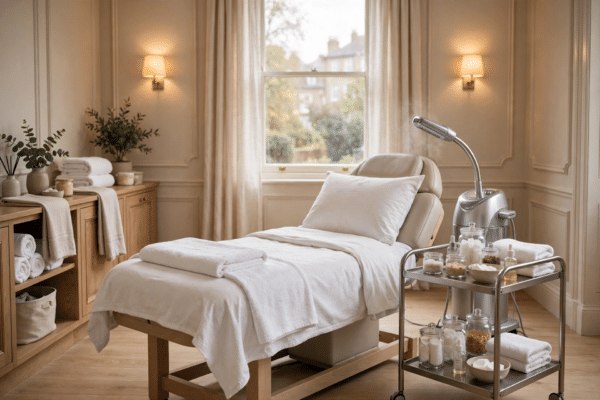 Elegant UK beauty treatment room with a facial bed, professional skincare products and a steamer, representing an esthetician's workspace
