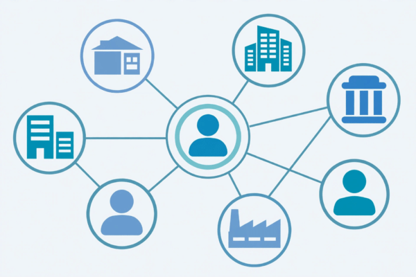 Flat infographic illustration of a business relationship map showing connected nodes representing people and companies