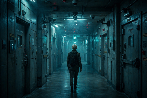 A woman walking down a dark, camera-filled consulate corridor, a tense scene from the Netflix thriller Exterritorial