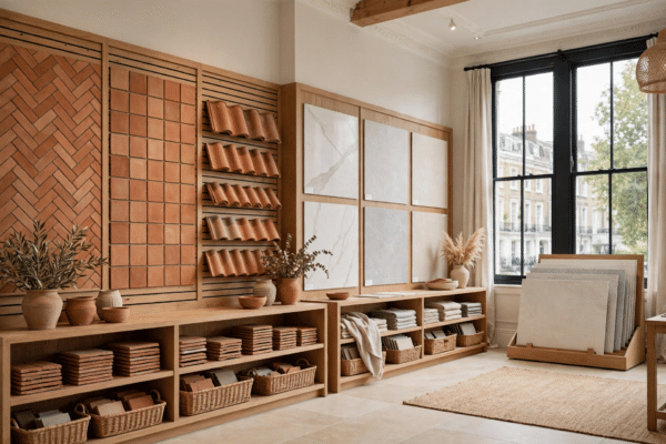 Interior of a luxury tile showroom with terracotta and porcelain tile displays, representing the Fired Earth administration story