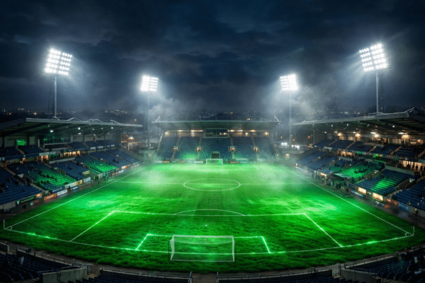 Football stadium at night with bright floodlights and a glowing green pitch