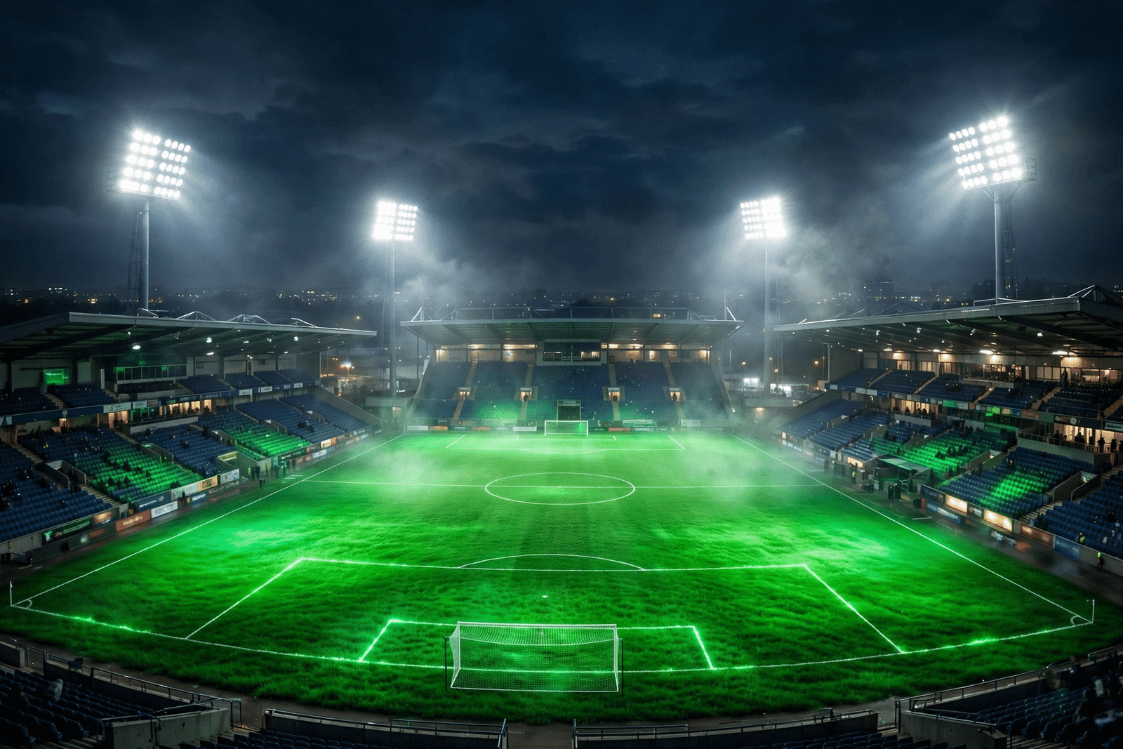 Football stadium at night with bright floodlights and a glowing green pitch