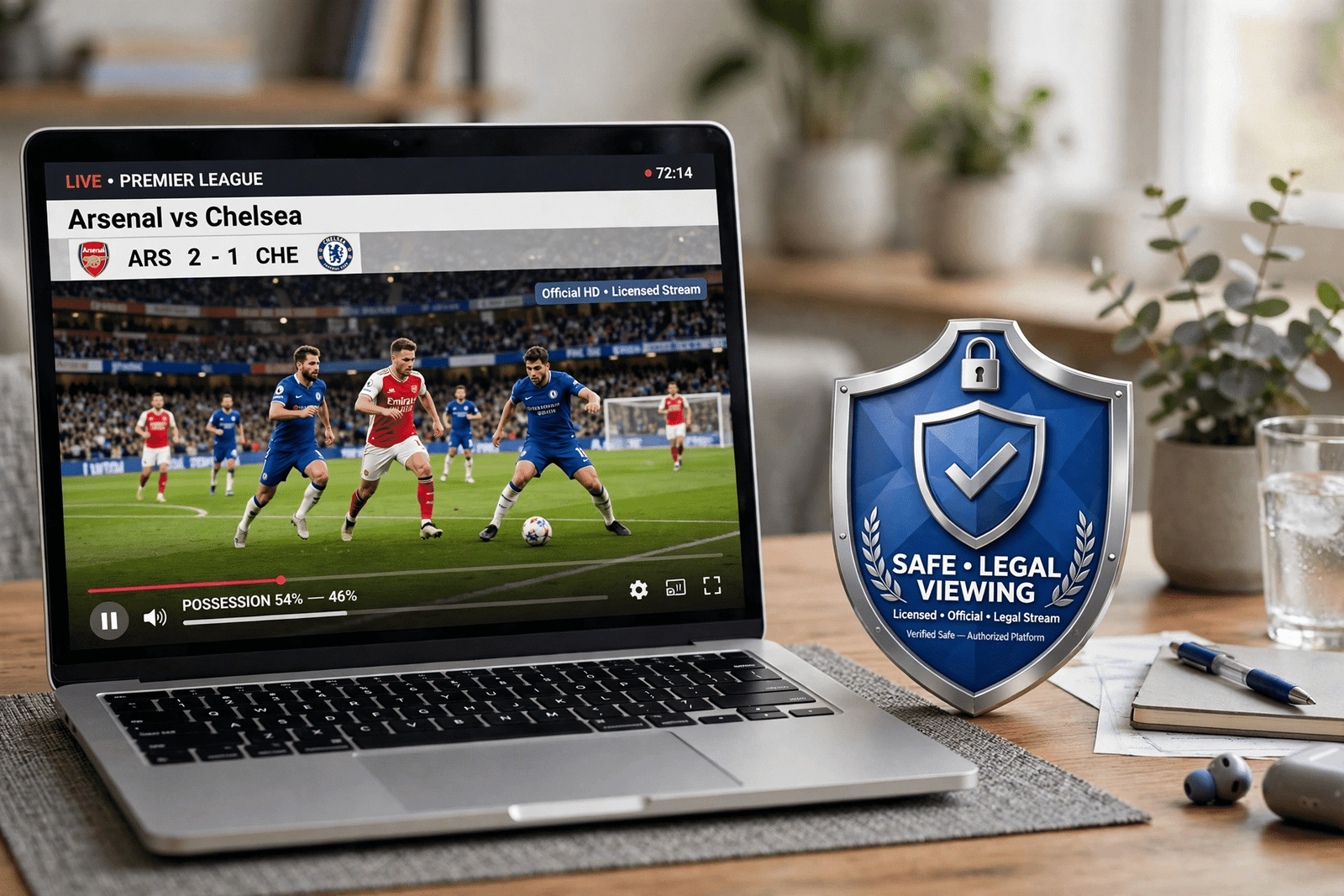 Laptop showing a football match stream beside a shield icon representing safe legal viewing