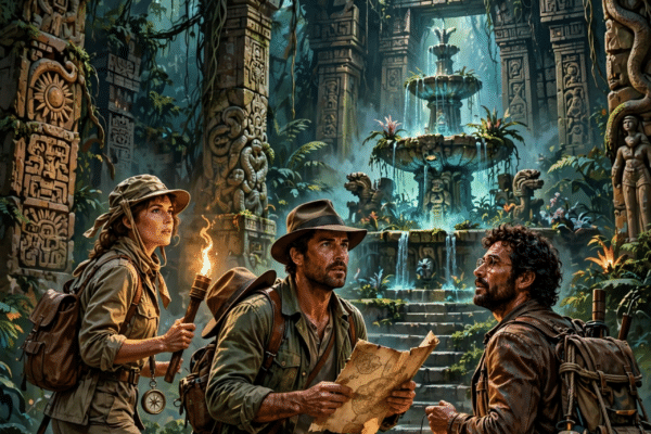 Movie poster-style illustration of adventurers searching for the mythical Fountain of Youth in a jungle temple