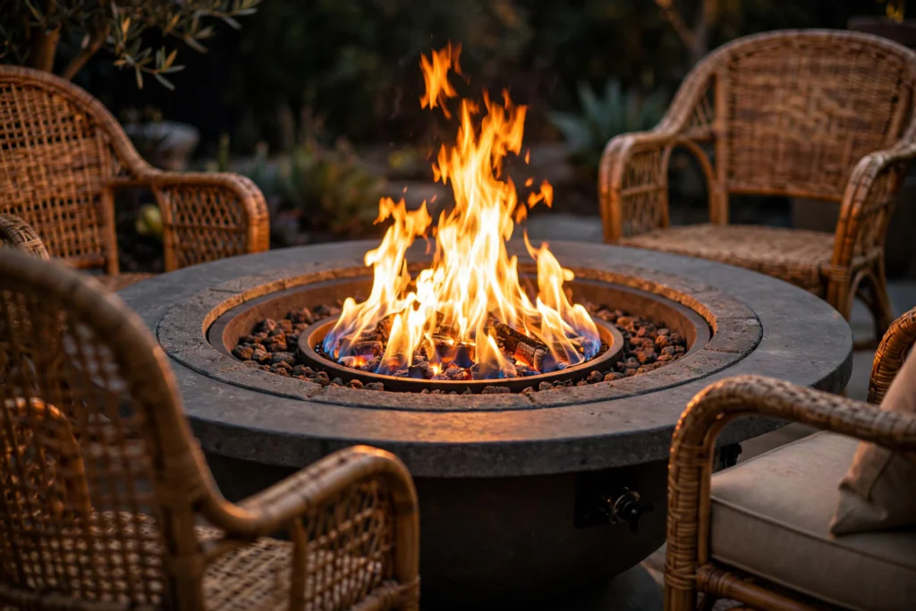 Close-up of a round gas fire pit table surrounded by rattan garden chairs with warm flames