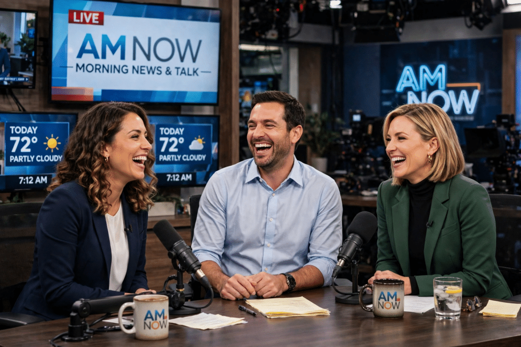 Morning television hosts laughing together behind a studio desk during a live broadcast