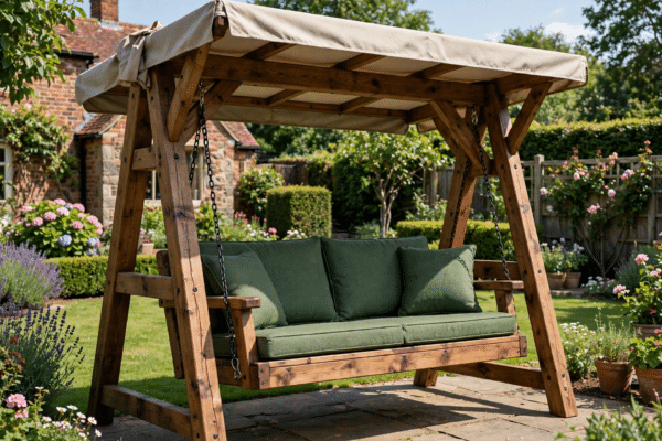A sturdy wooden heavy duty garden swing for adults with a canopy in a sunny UK garden