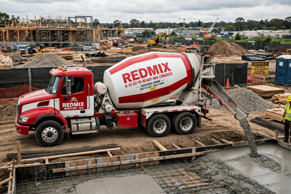 Red and white ready-mix concrete mixer truck pouring concrete at a construction site