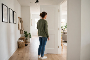 Homeowner using the back-to-hinges method to learn how to determine door swing