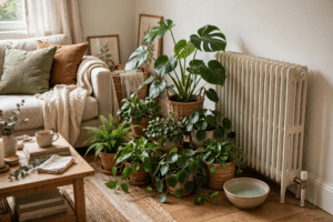 Cosy living room showing how to humidify a room with houseplants and a bowl of water near a radiator