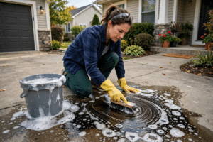 Homeowner scrubbing a driveway while learning how to remove oil stains from driveway concrete