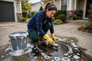 Homeowner scrubbing a driveway while learning how to remove oil stains from driveway concrete