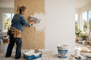 DIYer skim coating a wall while learning how to smooth textured walls with a wide drywall knife