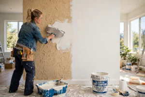 DIYer skim coating a wall while learning how to smooth textured walls with a wide drywall knife