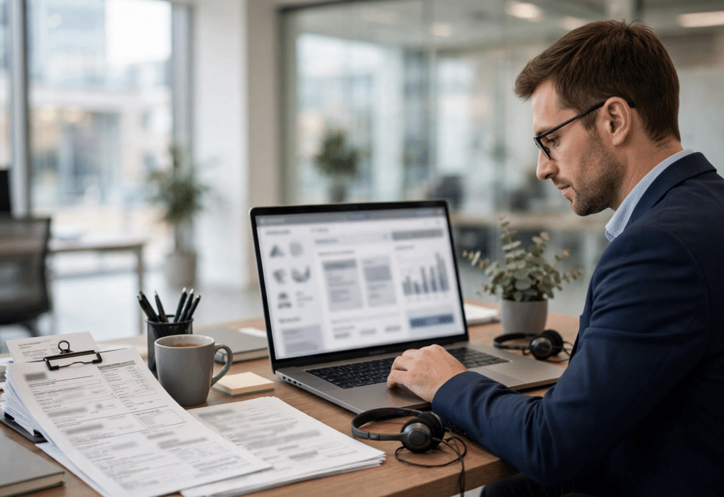 UK employee using a laptop to access the HR Connect GS employee self service portal at an office desk