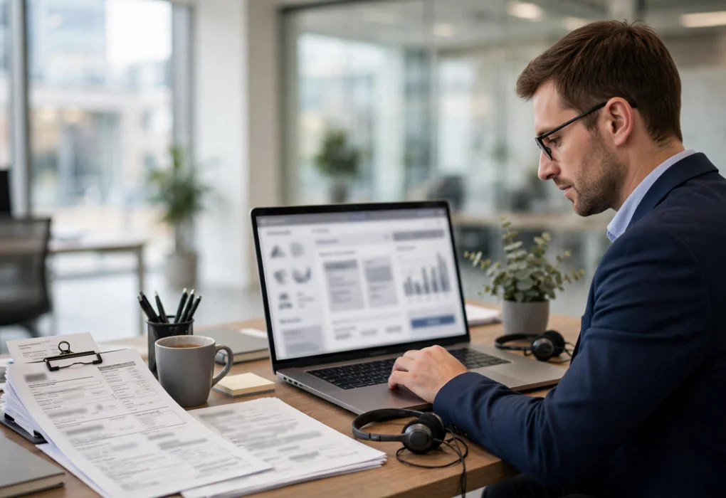 UK employee using a laptop to access the HR Connect GS employee self service portal at an office desk
