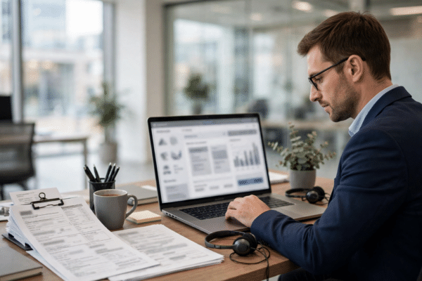 UK employee using a laptop to access the HR Connect GS employee self service portal at an office desk