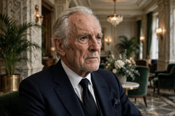 Veteran British actor in a sharp suit in an elegant hotel lobby illustrating the Ian McShane illness update