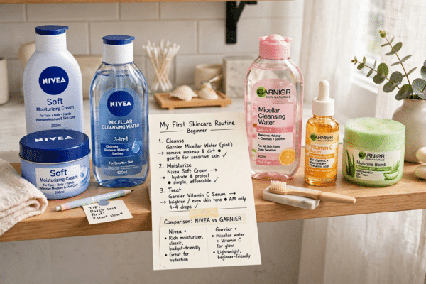 Skincare beginner comparing Nivea and Garnier products for a simple first routine