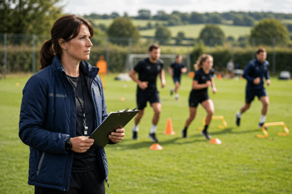 Sports coach with a clipboard supervising athletes training on an outdoor pitch in the UK