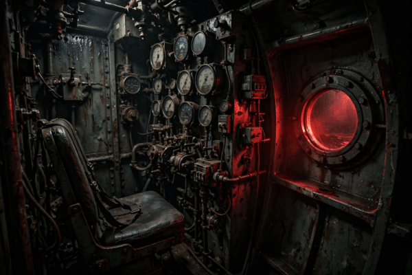 Dark claustrophobic submarine interior with gauges and a round window glowing red, inspired by the Iron Lung horror film