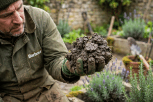 Gardener holding a handful of heavy clay soil in a UK garden