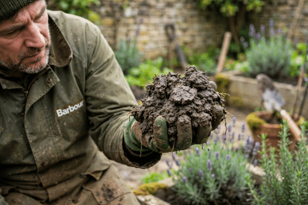 Gardener holding a handful of heavy clay soil in a UK garden
