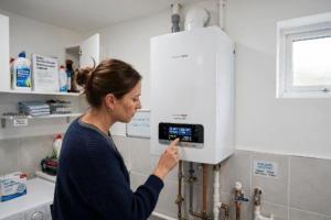 UK homeowner checking a modern boiler control panel before switching it off for summer