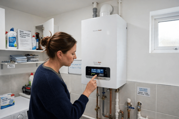 UK homeowner checking a modern boiler control panel before switching it off for summer
