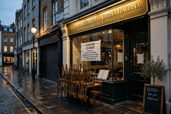 Closed Italian restaurant in London with chairs stacked after the Officina 00 closure