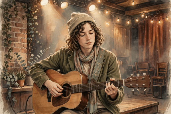 Indie folk singer-songwriter playing acoustic guitar in a small Los Angeles venue illustrating the Jet Elfman story