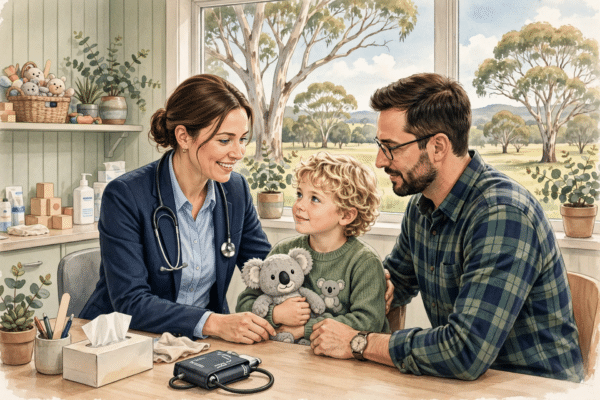 Paediatrician consulting a child and parent in a regional Gippsland clinic illustrating the Jo McCubbin profile
