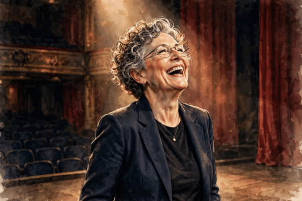 British actress and comedian laughing on a London theatre stage illustrating the Kathy Burke partner story