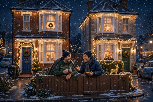 Lee Mack Chris McCausland Bad Tidings festive comedy scene with two feuding neighbours under Christmas lights in a suburban street