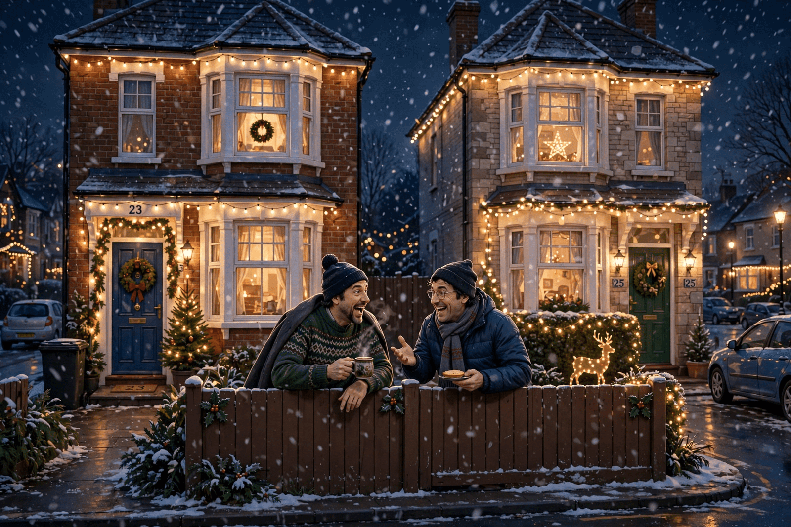 Lee Mack Chris McCausland Bad Tidings festive comedy scene with two feuding neighbours under Christmas lights in a suburban street