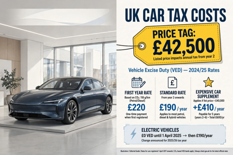 Luxury car tax UK explained — a premium car in a showroom with its list price above the £40,000 Expensive Car Supplement threshold