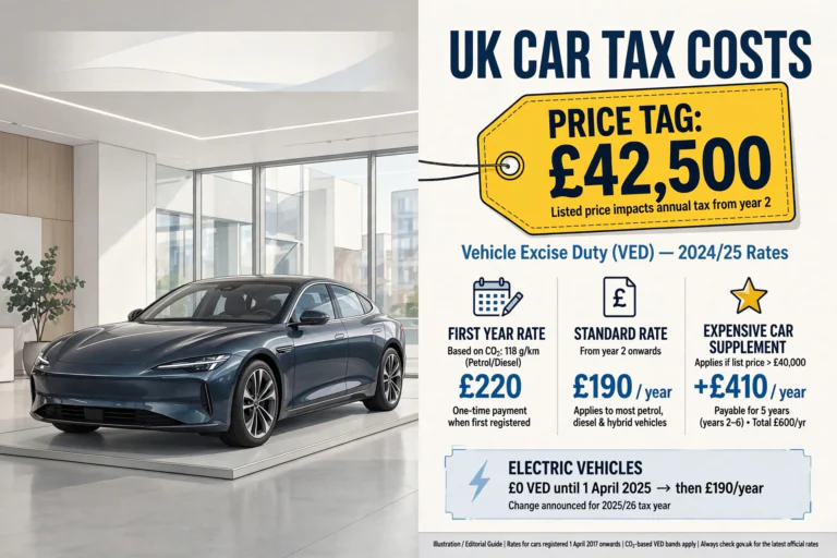 Luxury car tax UK explained — a premium car in a showroom with its list price above the £40,000 Expensive Car Supplement threshold