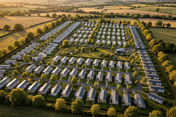 Aerial view of a UK residential park home estate with rows of modern park homes and green lawns