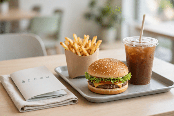 Fast food tray with a burger, fries and a drink beside a printed allergen information booklet