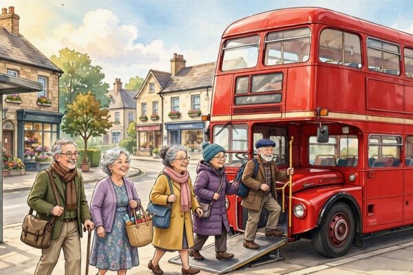 Senior passenger boarding a bus with a free bus pass in the UK