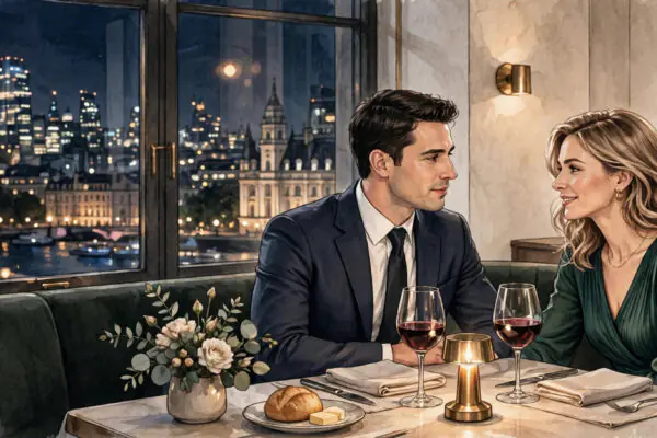 Elegant couple on a date at a London restaurant