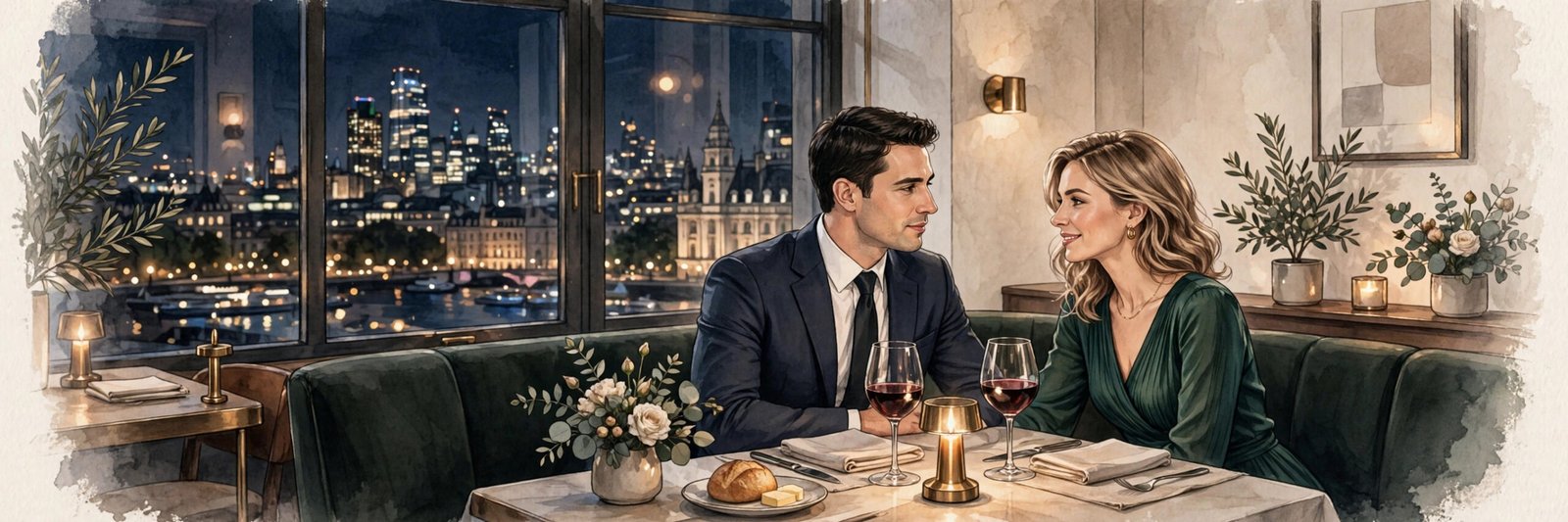 Elegant couple on a date at a London restaurant