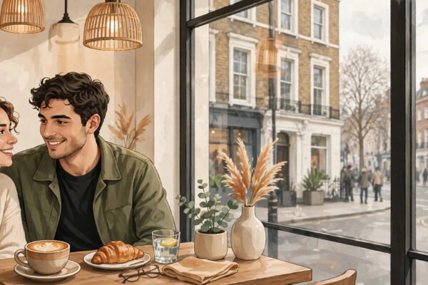 Young Londoners on a date in the city at dusk