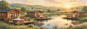 Tattershall Lakes holiday park lodges by the lake at sunset