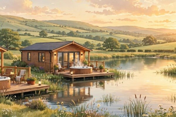 Tattershall Lakes holiday park lodges by the lake at sunset